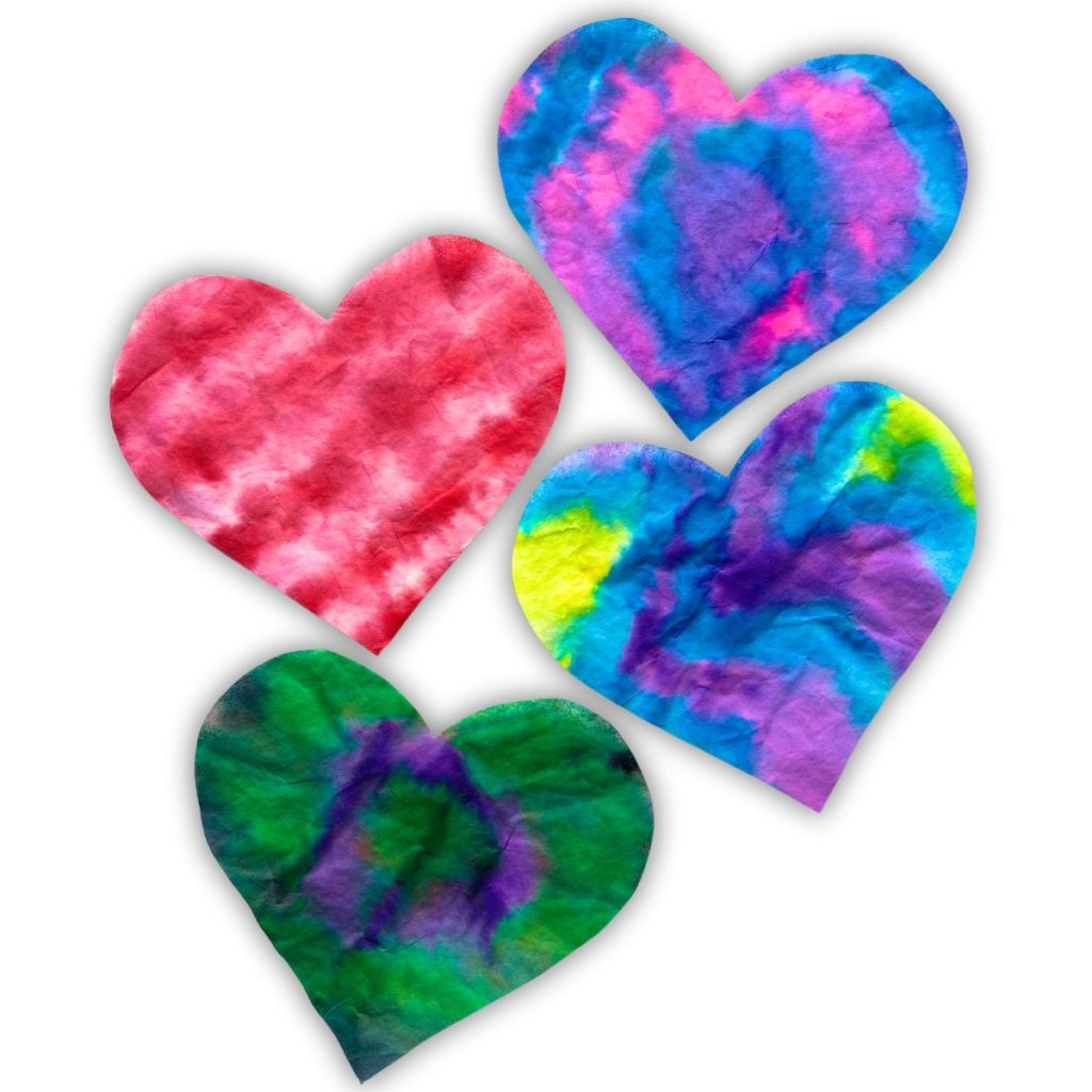 Four colorful tie dye hearts 