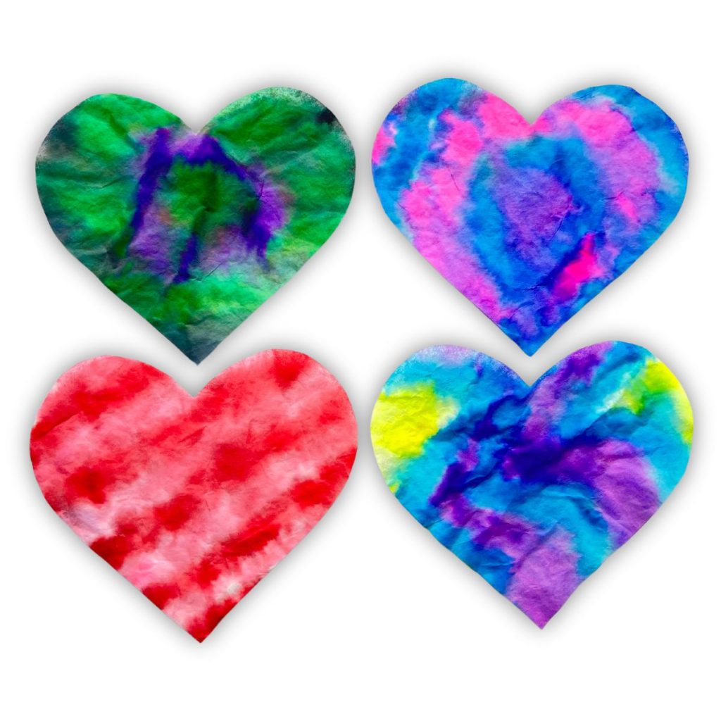 four colorful coffee filter hearts kids craft