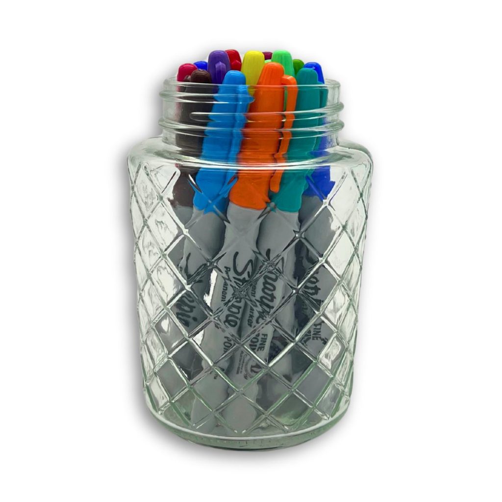 SHARPIE MARKERS IN CLEAR GLASS JAR