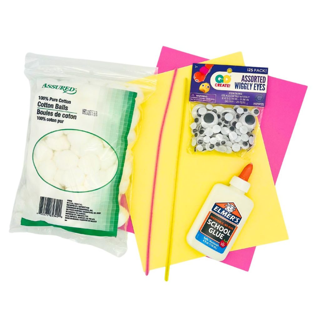 Cotton balls pipe cleaners pink card stock yellow card stock white school glue and googly eyes 