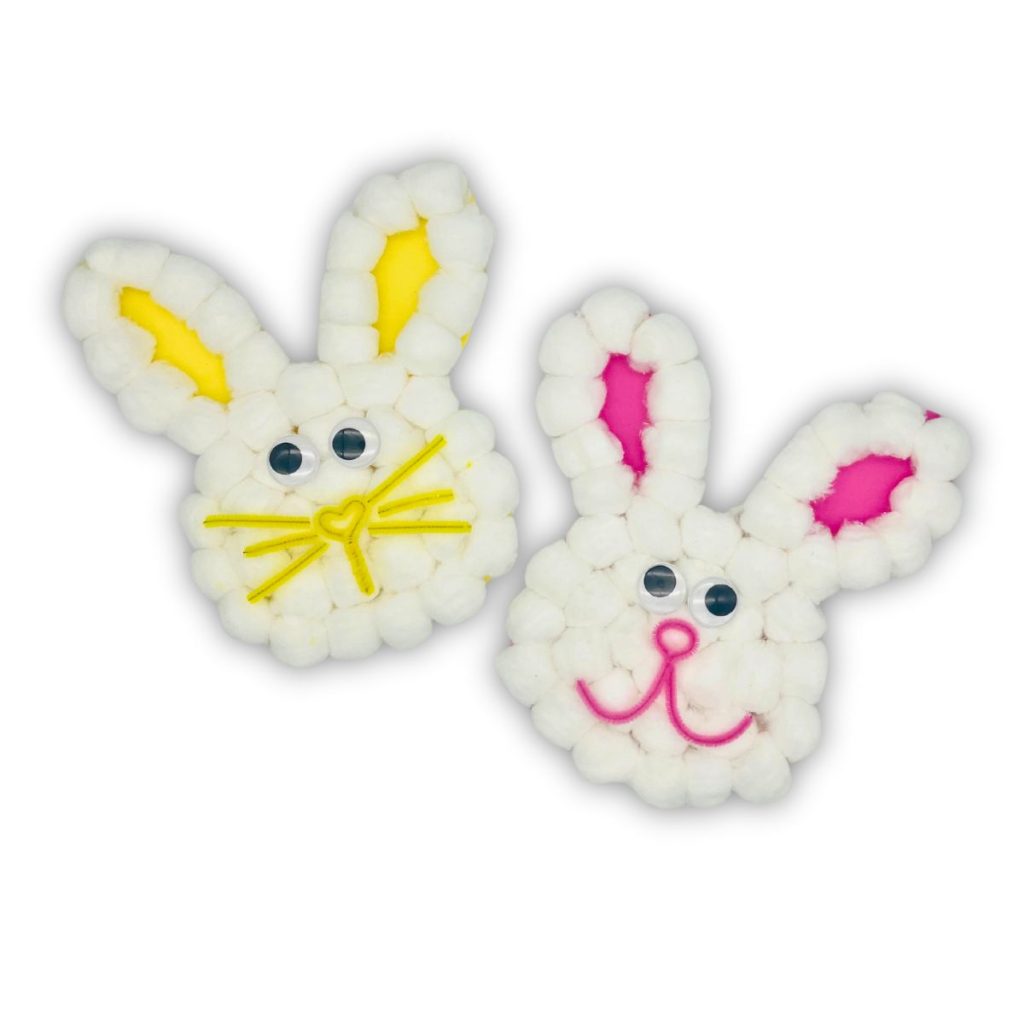 two bunnies easter craft - yellow cotton ball bunny and pink construction paper bunny