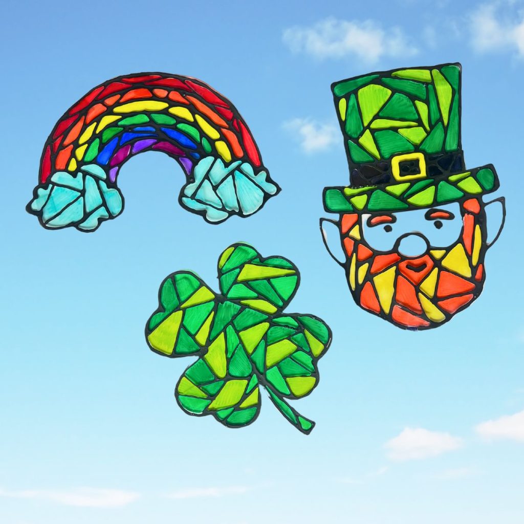 rainbow leprechaun clover shamrock stained glass art on window