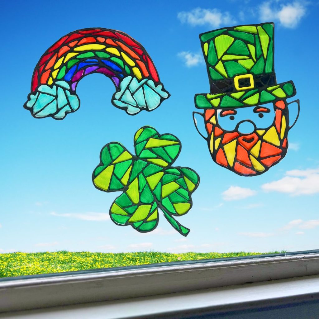 Leprechaun rainbow and clover stained glass art in sunny window