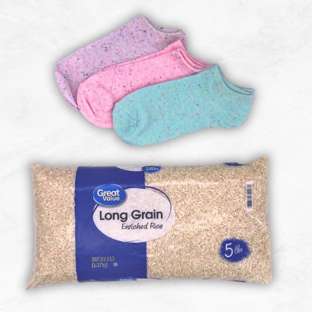 long grain rice, purple pink and blue socks