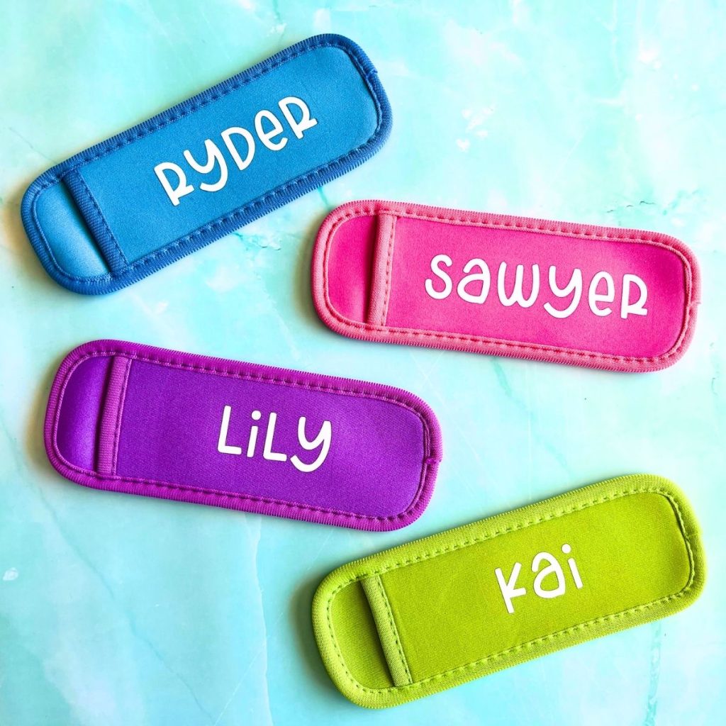 personalized popsicle holders blue, pink, purple and green with white itv vinyl