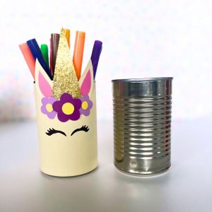 unicorn pen holder made from upcycled tin can